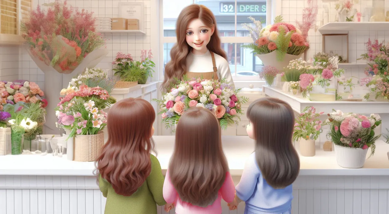 a group of young girls standing in front of a flower shop