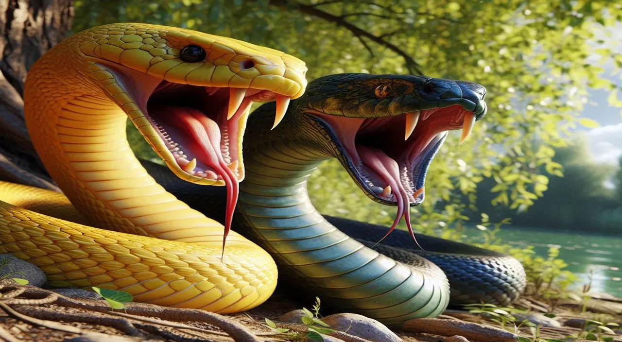 Close-up shots of the snakes, capturing their menacing features and the tension between them. Their hoods are fully spread, and their tongues flicker as if communicating.