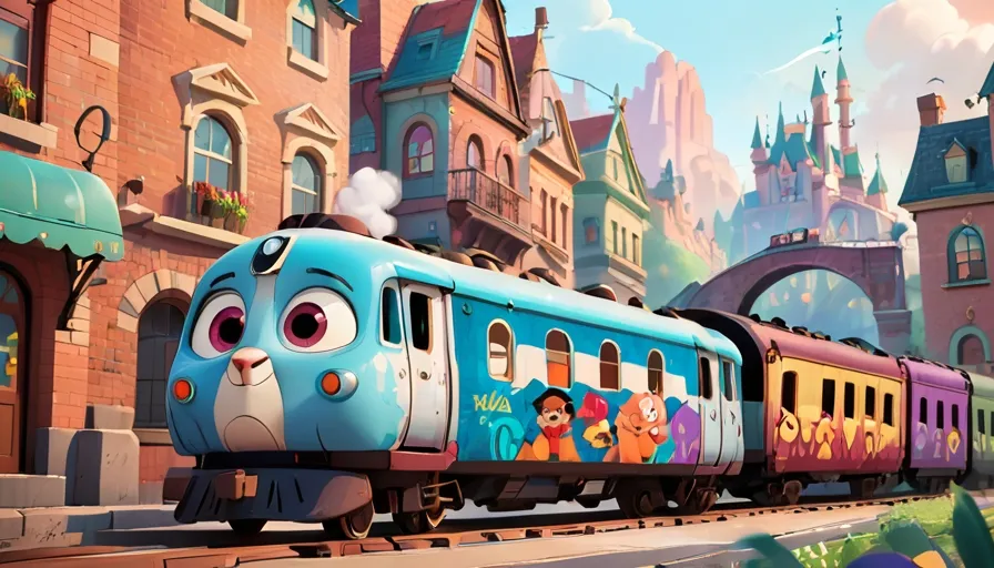 a train with cartoon characters painted on the side of it