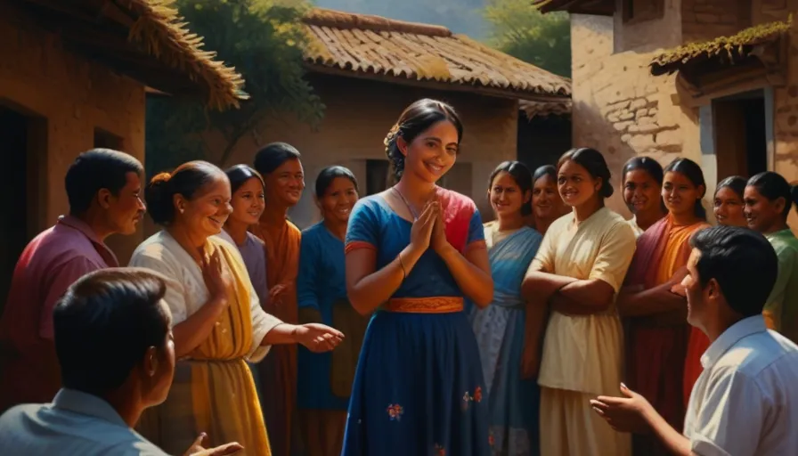 a painting of a woman standing in front of a group of people