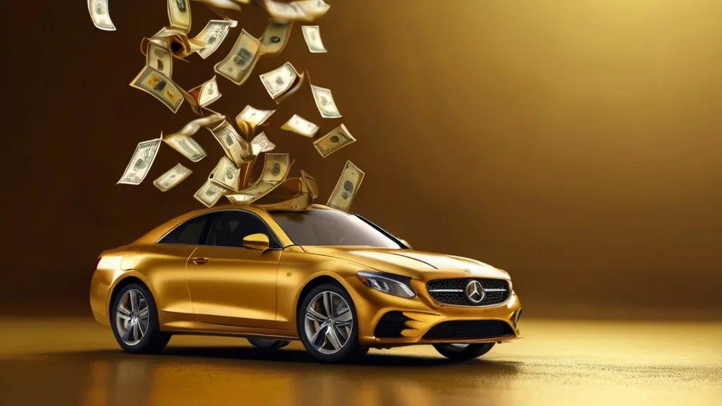 Create a money car with golden background, 8k, size of 1920x1080, colorful
