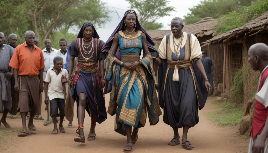 a group of people walking down a dirt road