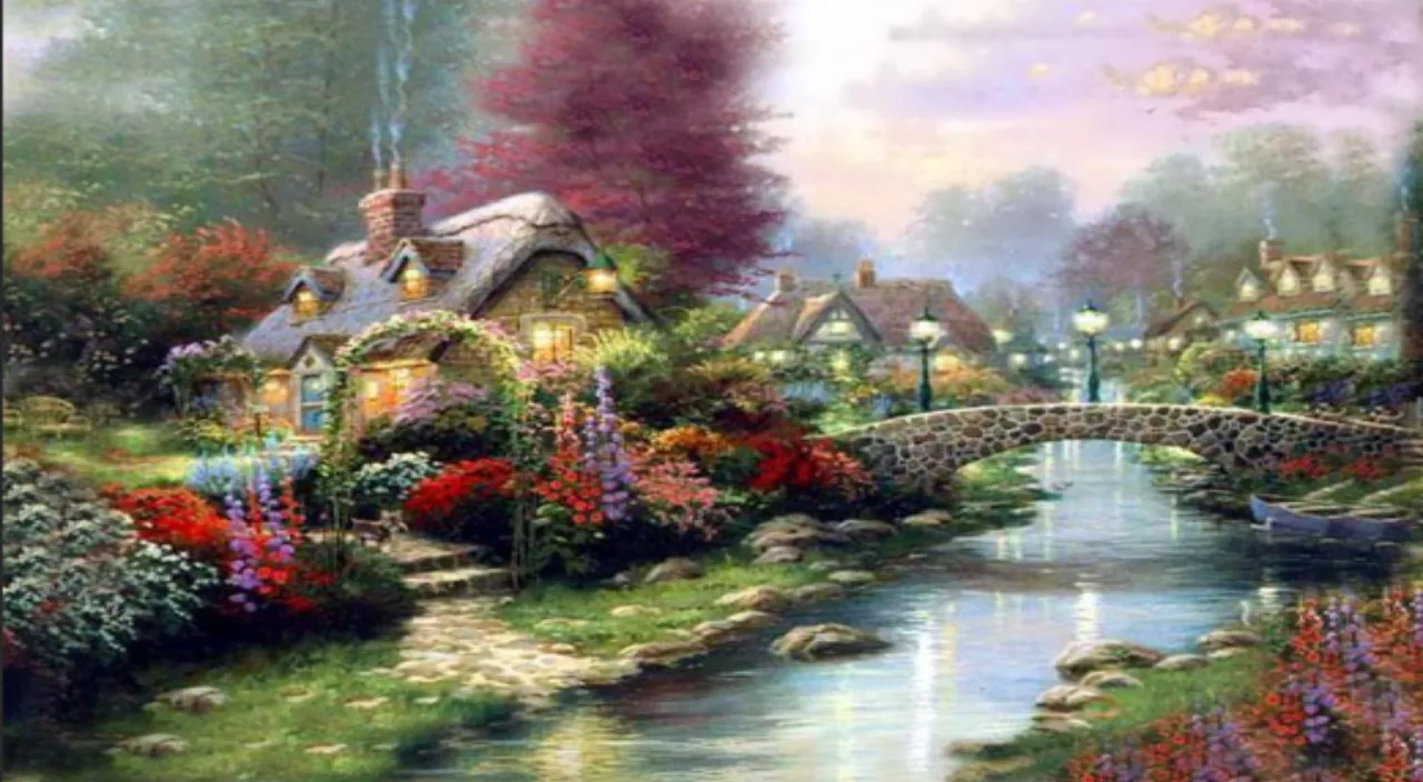 a painting of a village with flowers and a bridge