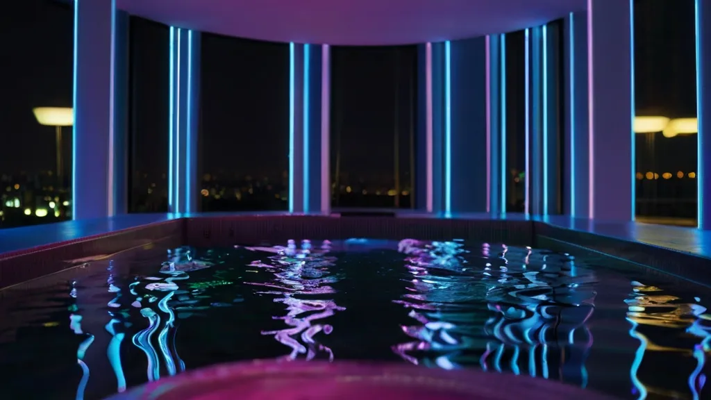 a large indoor swimming pool at night time