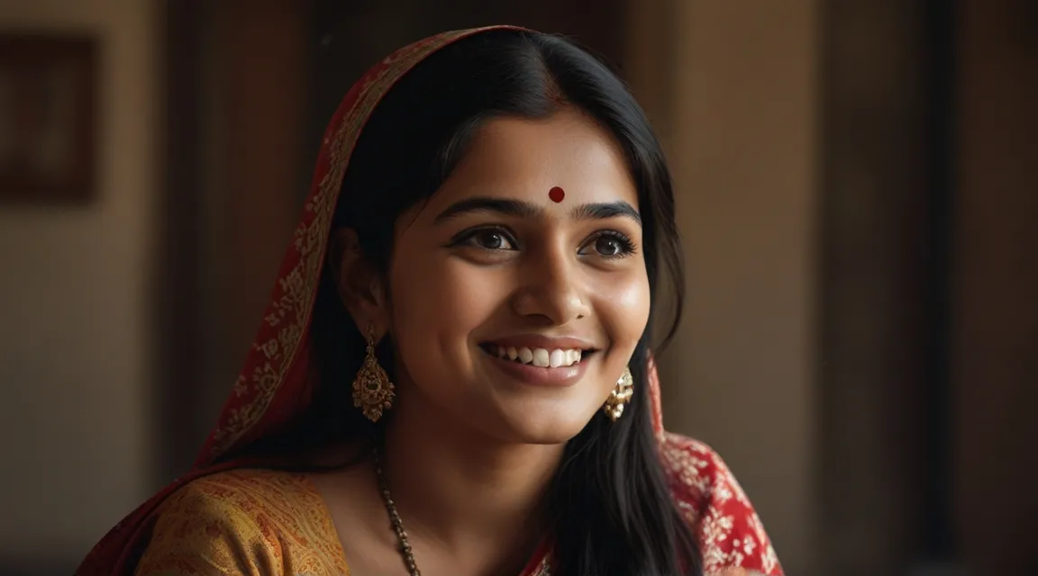 a woman in a red and yellow sari smiling