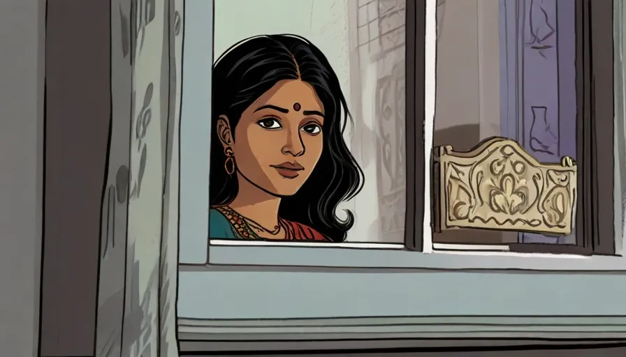 a cartoon of a woman looking out of a window