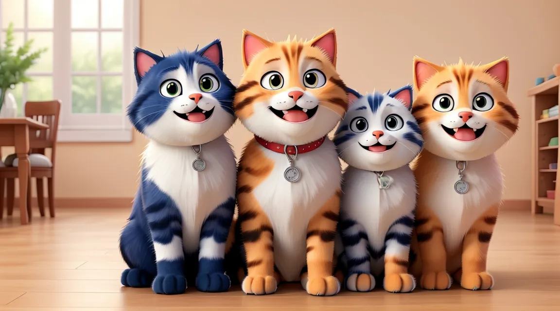 a group of cats sitting on top of a wooden floor, 3d animation, ultra-detailed