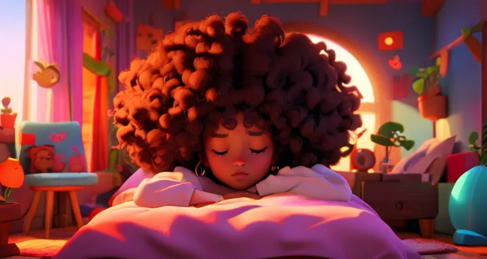 a young girl afro hair laying in bed