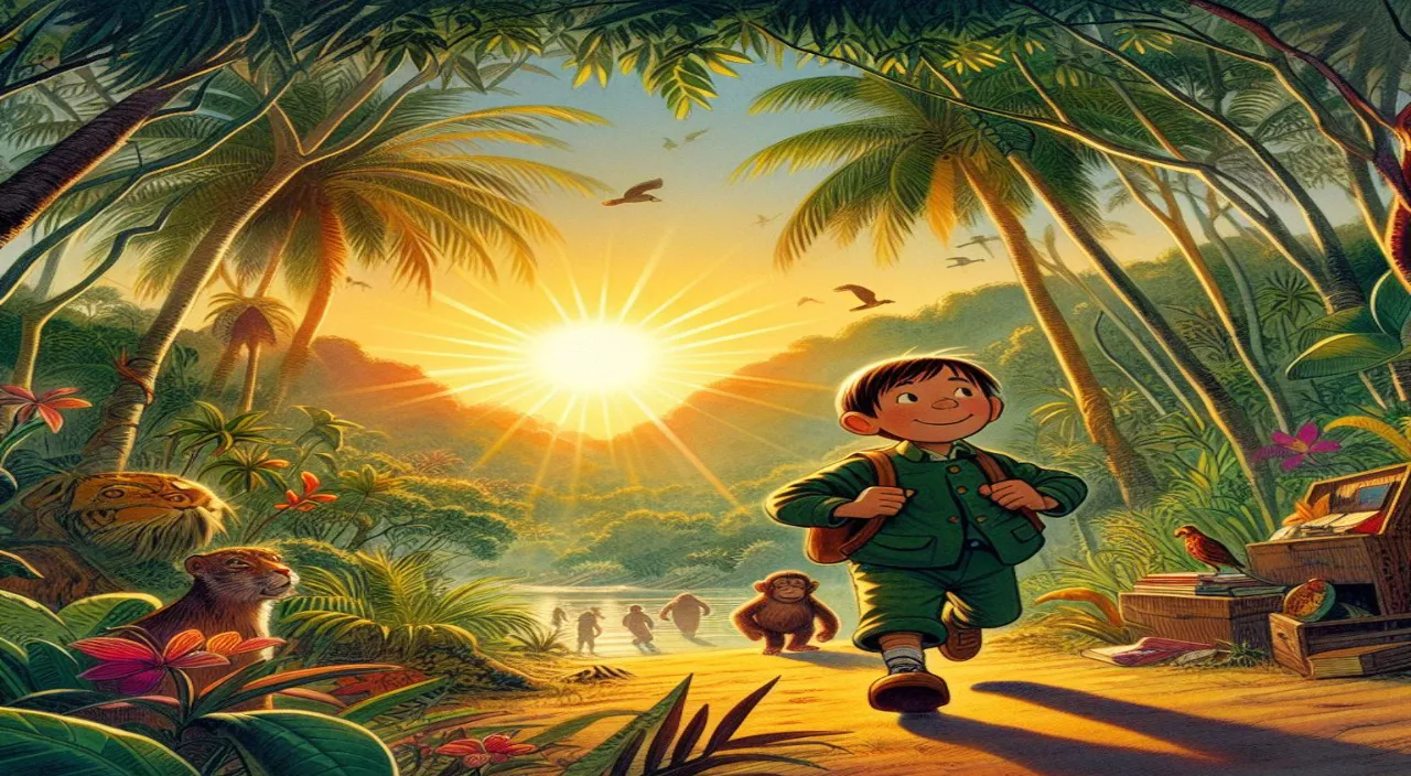 a painting of a boy walking through a jungle