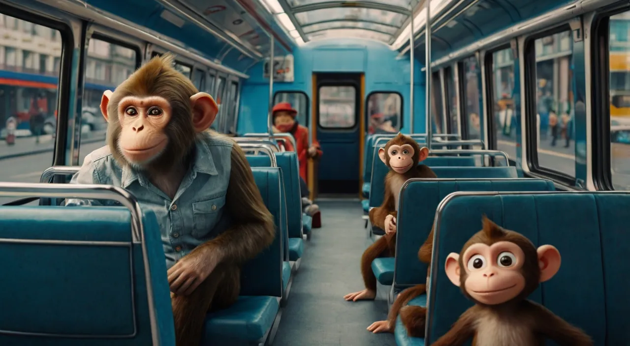 a group of monkeys sitting on a train next to each other