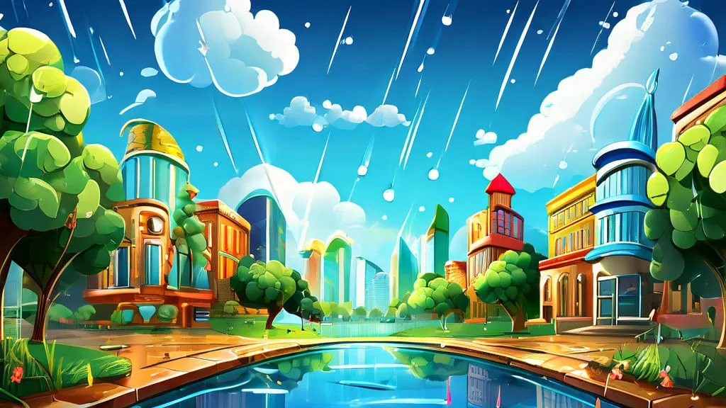 a cartoon scene of a city with a pond