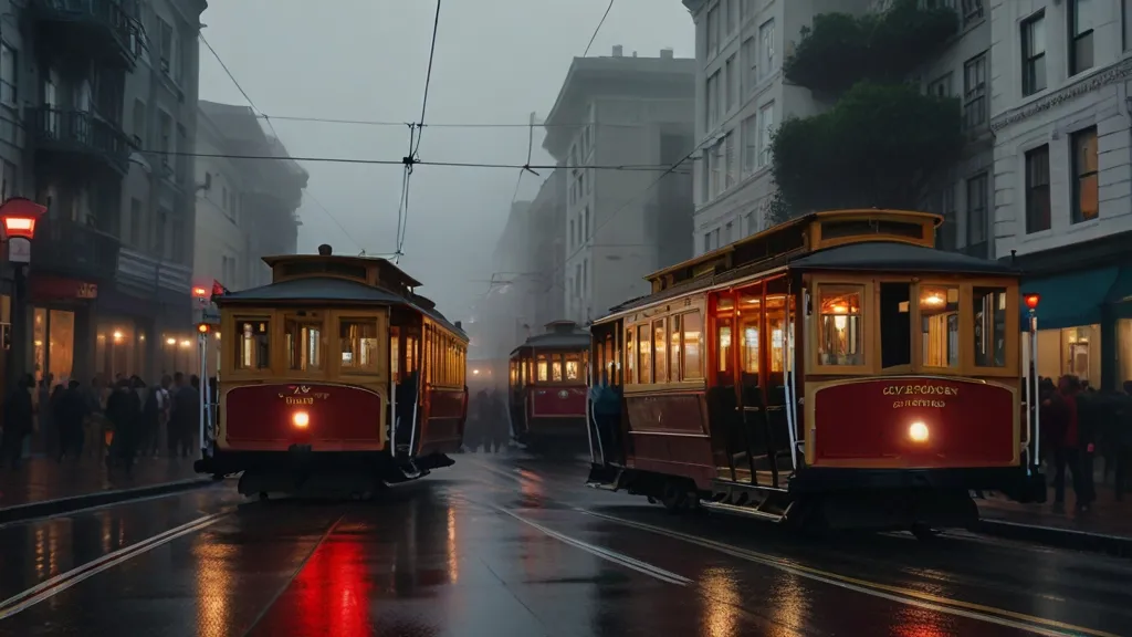 a couple of trolleys that are on a street