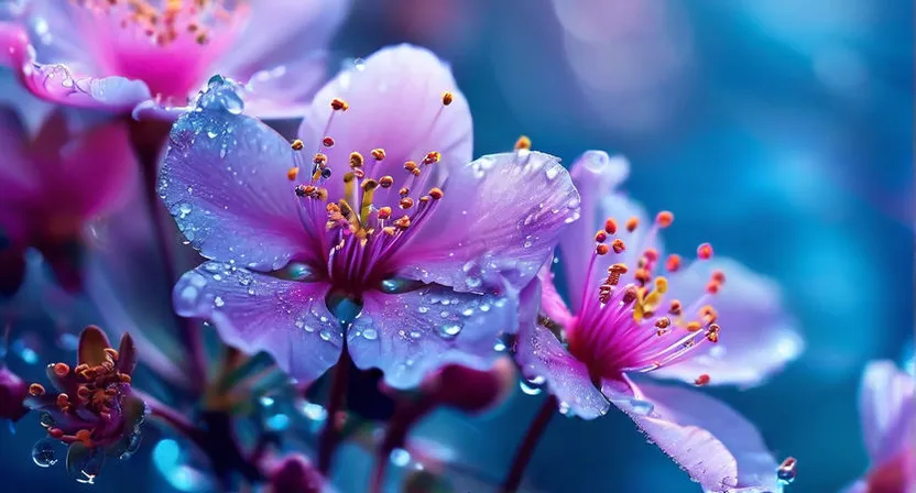 a bunch of purple flowers with water droplets on them