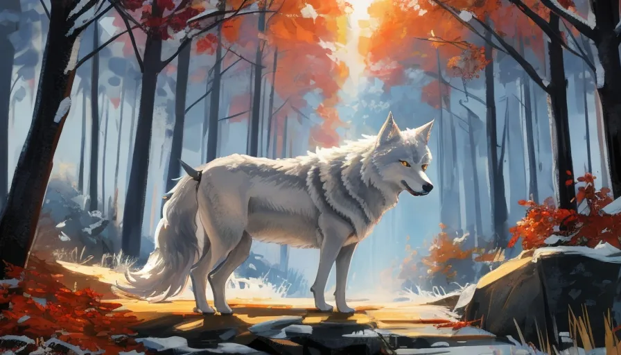 a painting of a wolf standing in a forest, looking at a white bundle