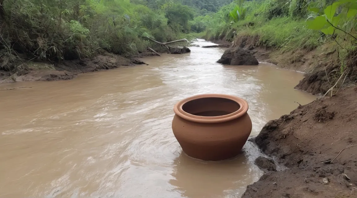 a clay pot sitting on top of a muddy river