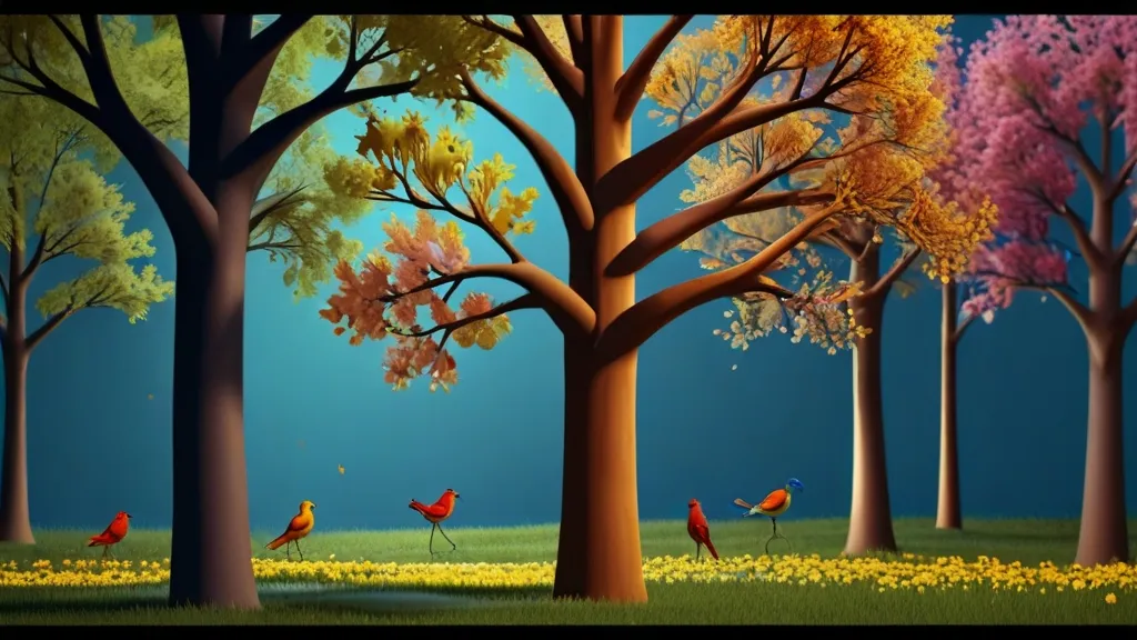 a painting of birds walking through a forest