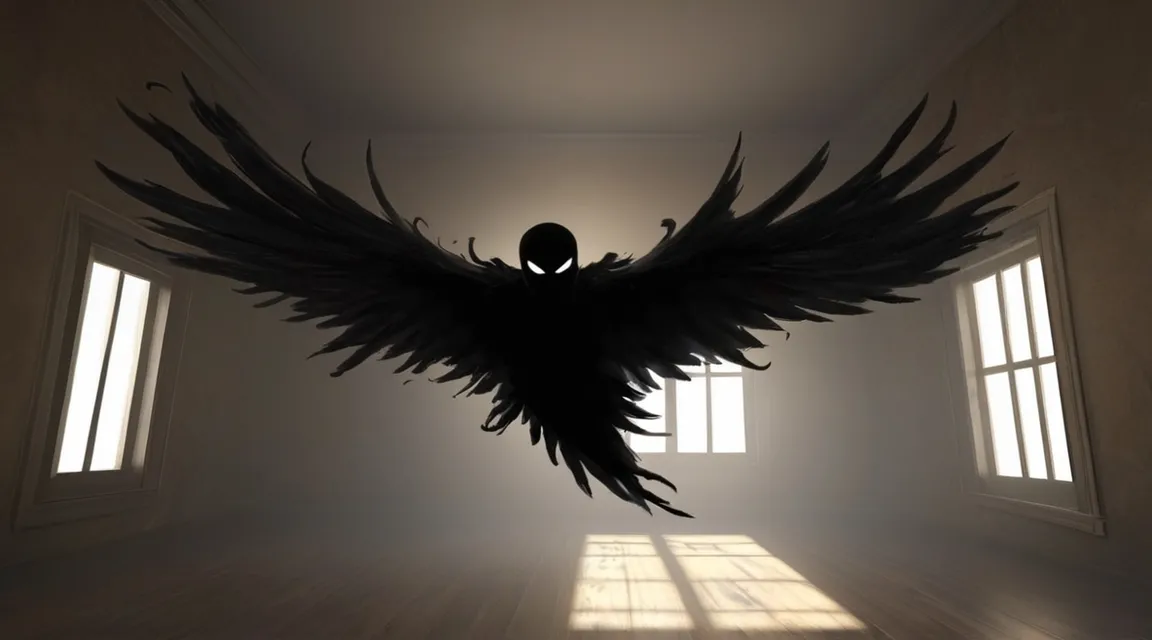 a large black bird flying through a room