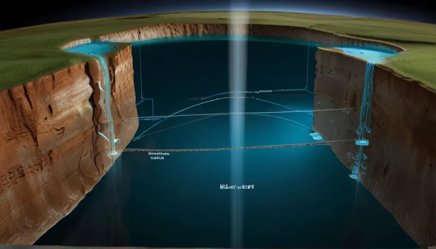 A conceptual artwork illustrating the concept of an immense underground water storage system beneath the Earth's crust, with translucent layers revealing the network of aquifers and water channels that lie hidden beneath the surface