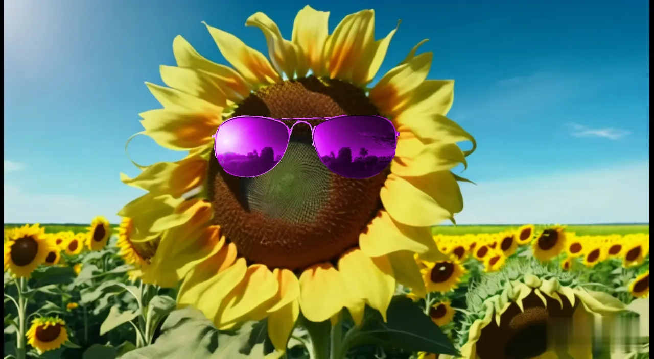 a sunflower with purple sunglasses in a field of sunflowers  only movement from the wind