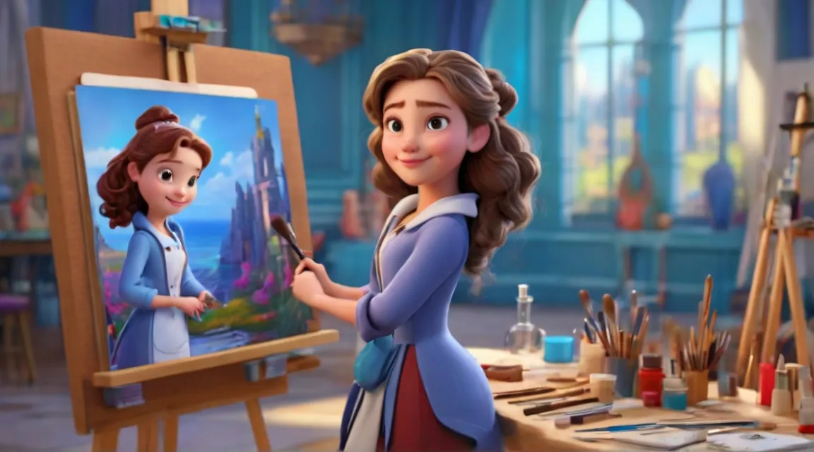 a young girl is painting a picture on a easel