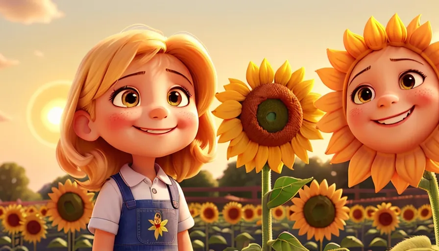 a little girl standing in a field of sunflowers