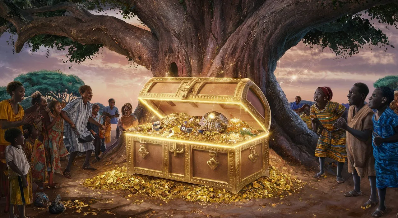 a painting of a trunk full of gold coins