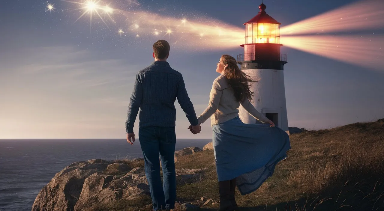 a man and a woman holding hands walking towards a lighthouse