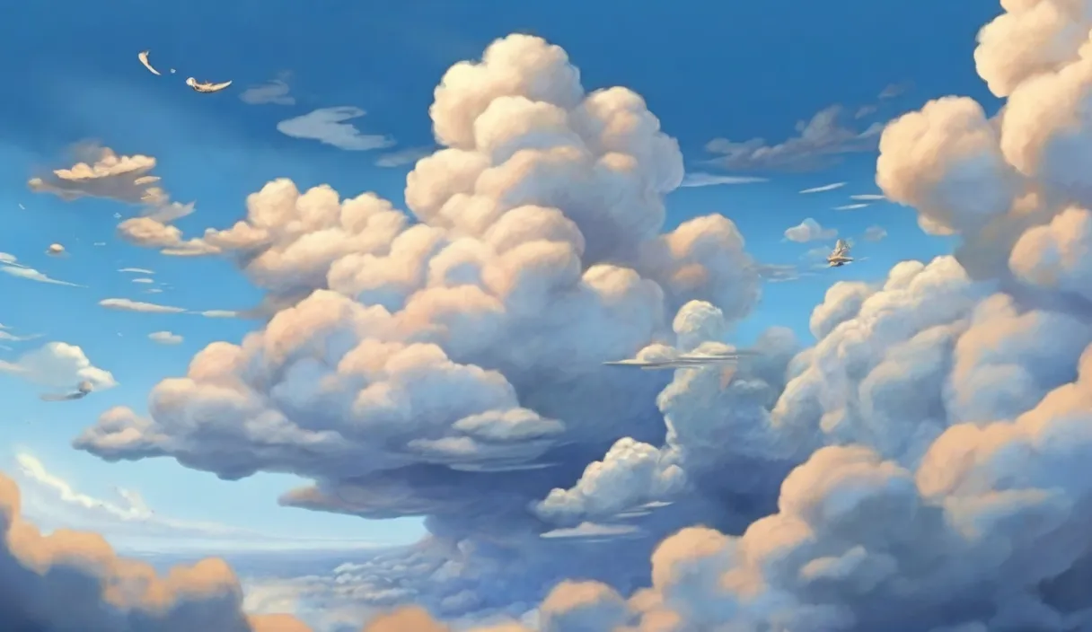 a painting of a sky filled with lots of clouds.cartoon