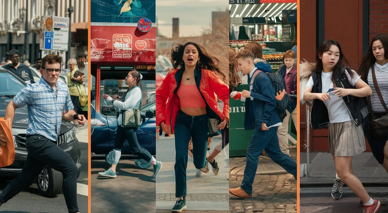 a group of people walking down a street next to each other