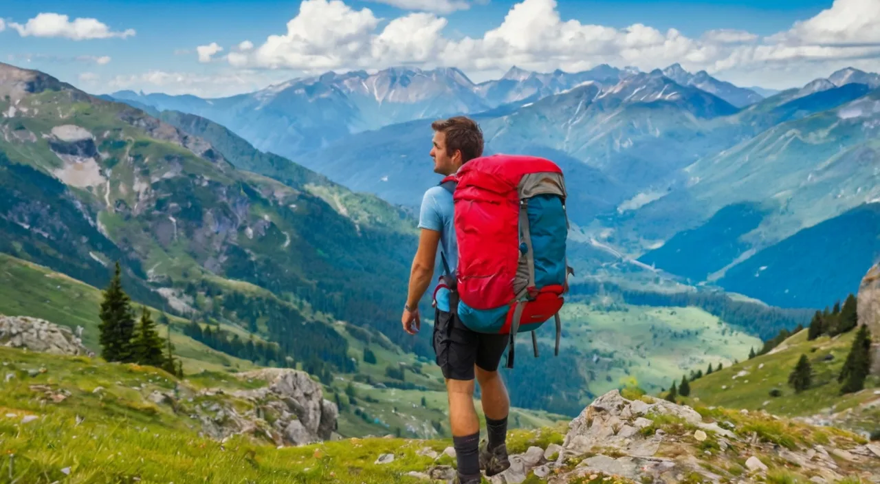 a man with a red backpack is hiking in the mountains