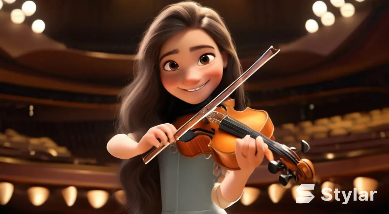 a woman holding a violin in front of a stage