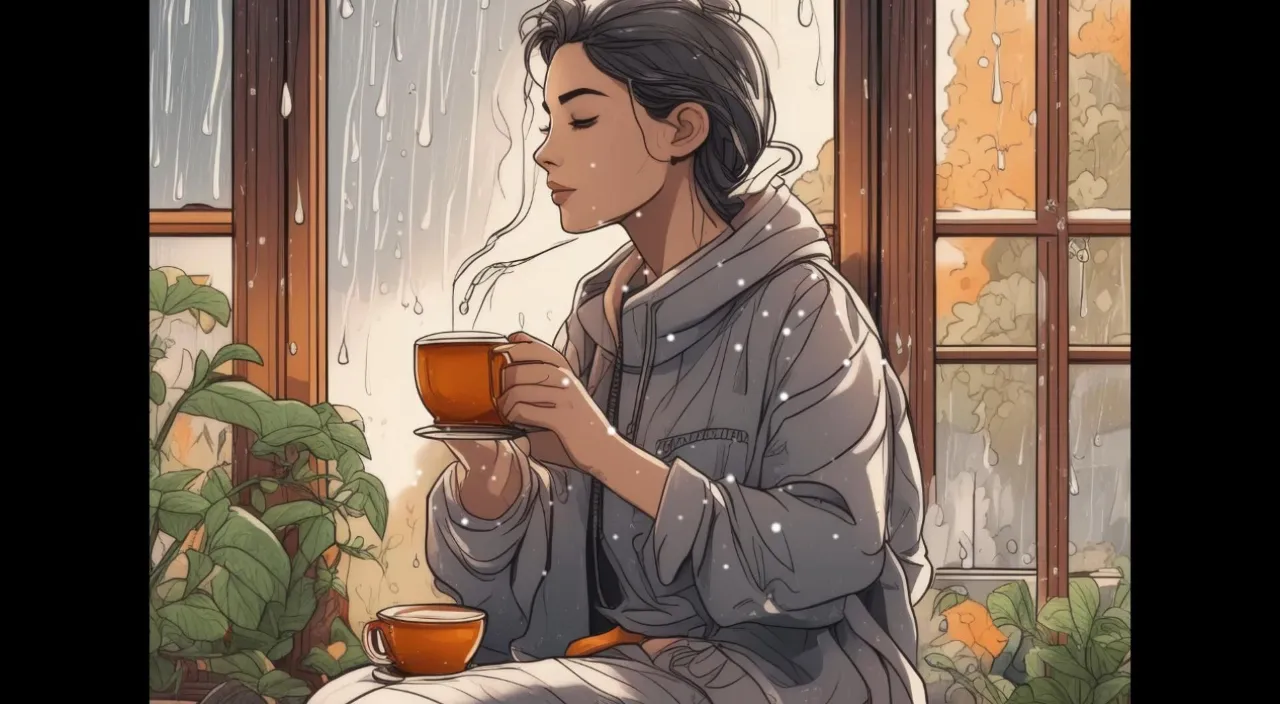 a woman sitting on a window sill holding a cup of coffee