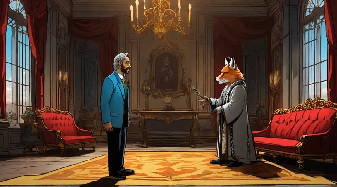 a fox in a suit and a man in a suit stand in front of a talking to each other 