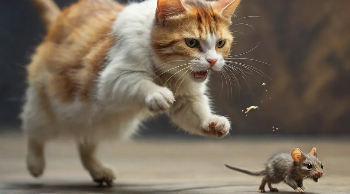 a cat chasing a mouse on the floor