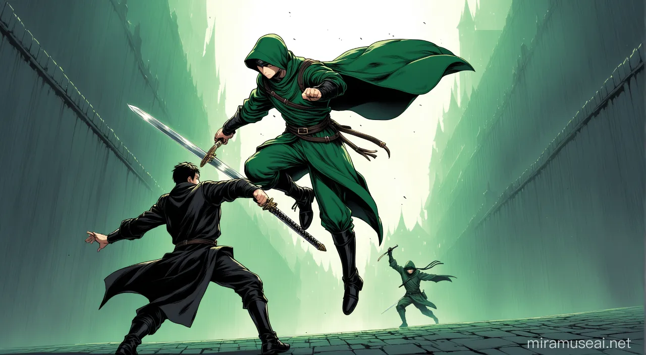 a man in a green outfit holding a sword next to a man in a black