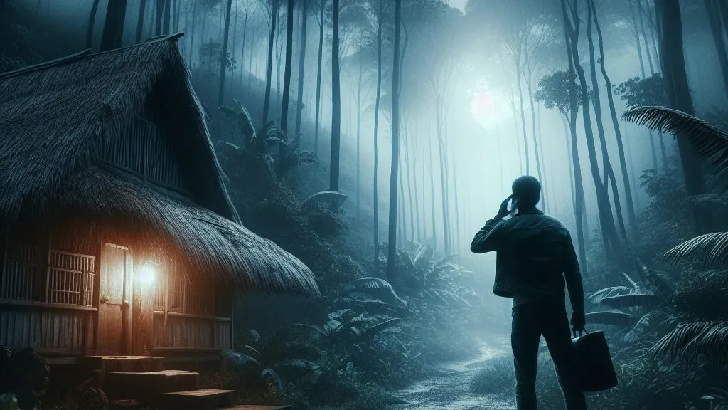 a man standing in front of a cabin in the woods and learning 