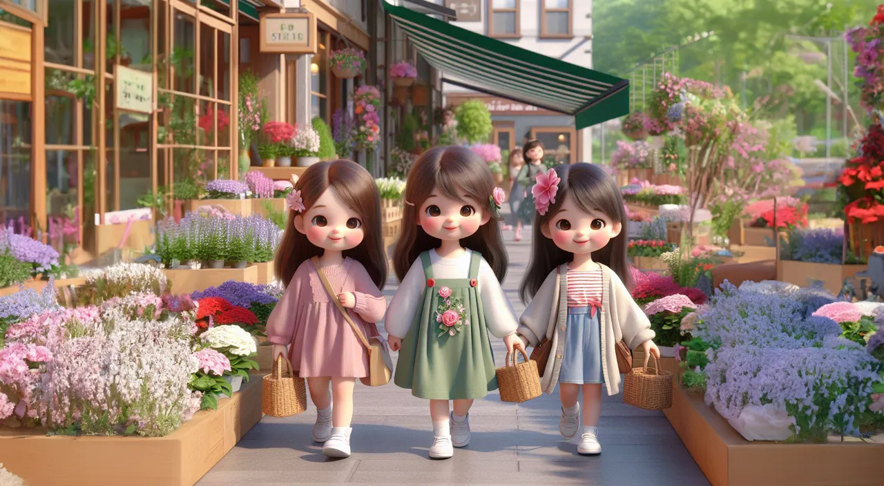 three little girls are walking through a flower shop