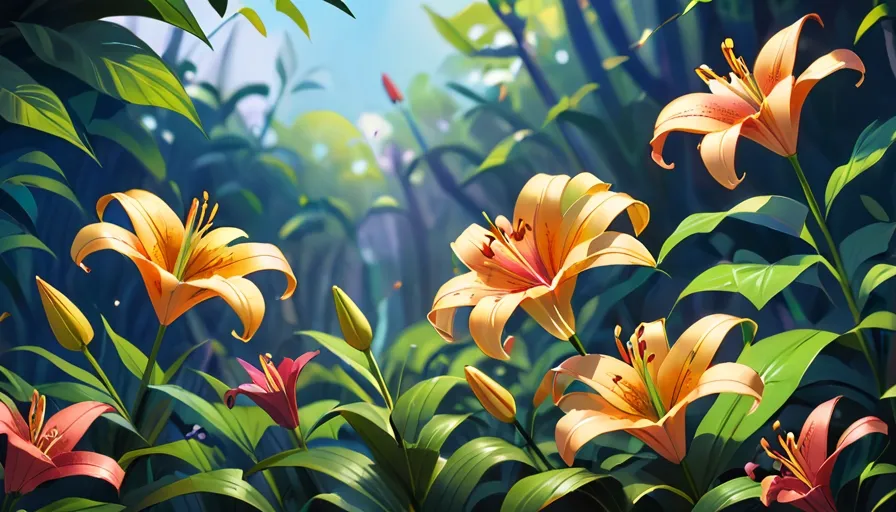 a painting of orange lilies in a garden