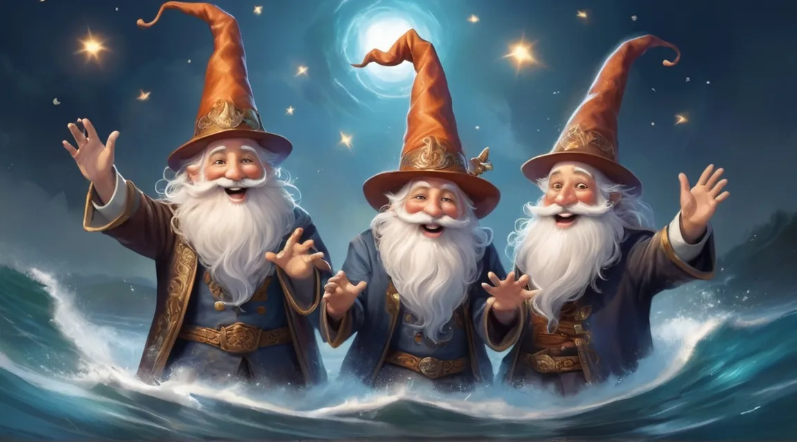 three gnomes are standing in the water with their hands in the air, magical shine all around