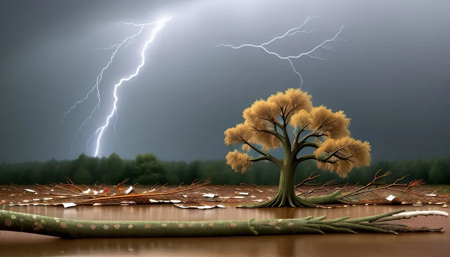 a tree in a flooded area with a lightning in the background