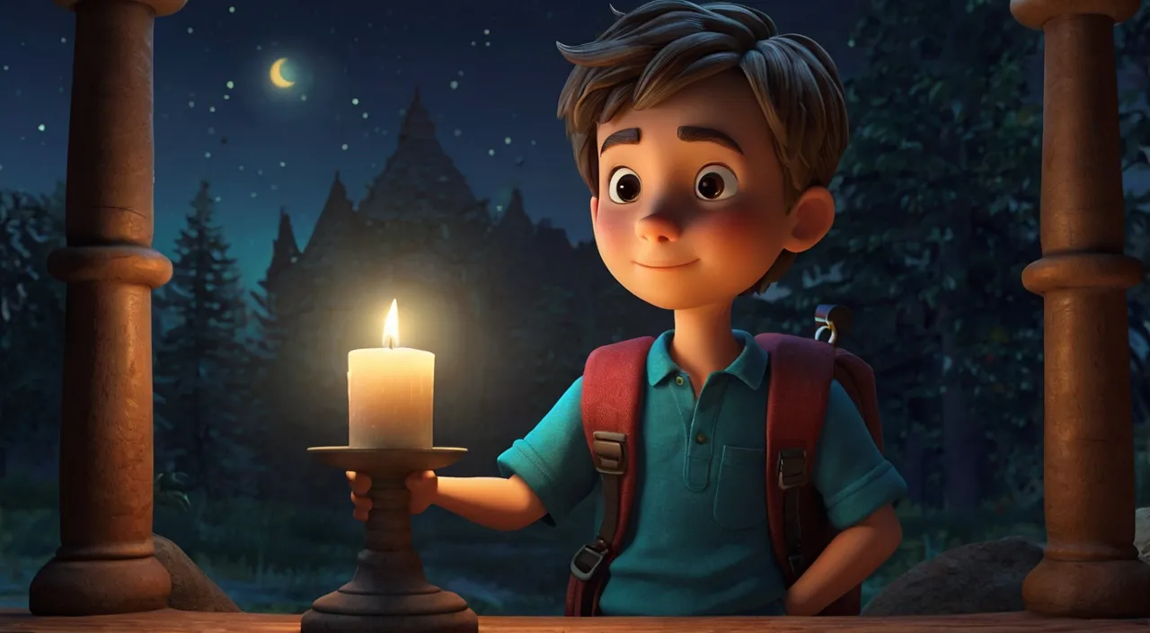 a young boy holding a lit candle in front of a forest