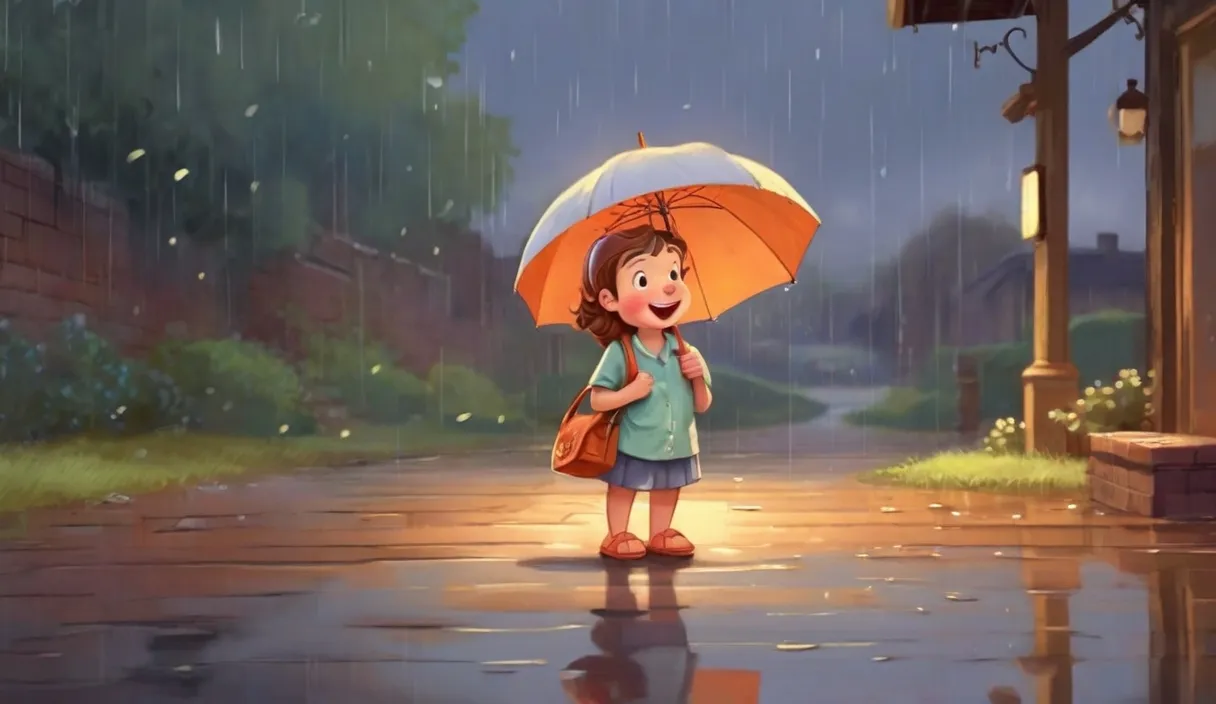 a little girl holding an umbrella in the rain.cartoon