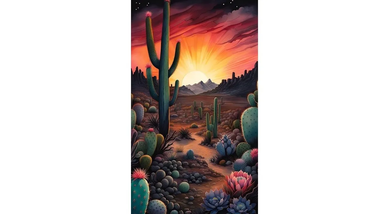 a painting of a desert scene with cacti