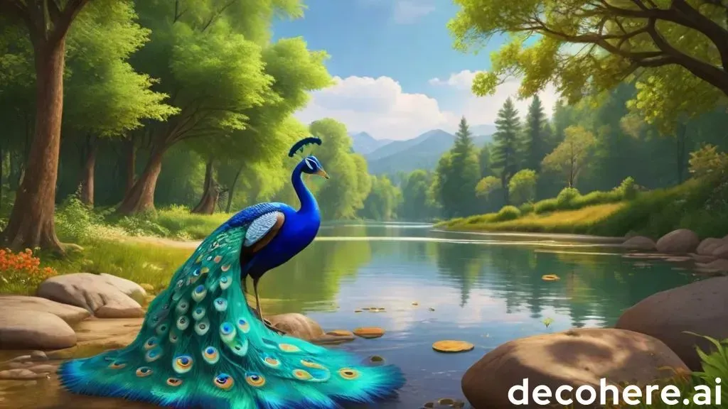 a painting of a peacock standing on a river bank