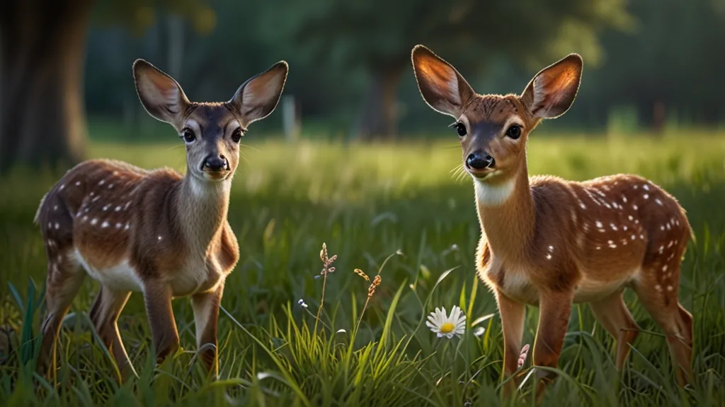 two deer standing next to each other on a lush green field