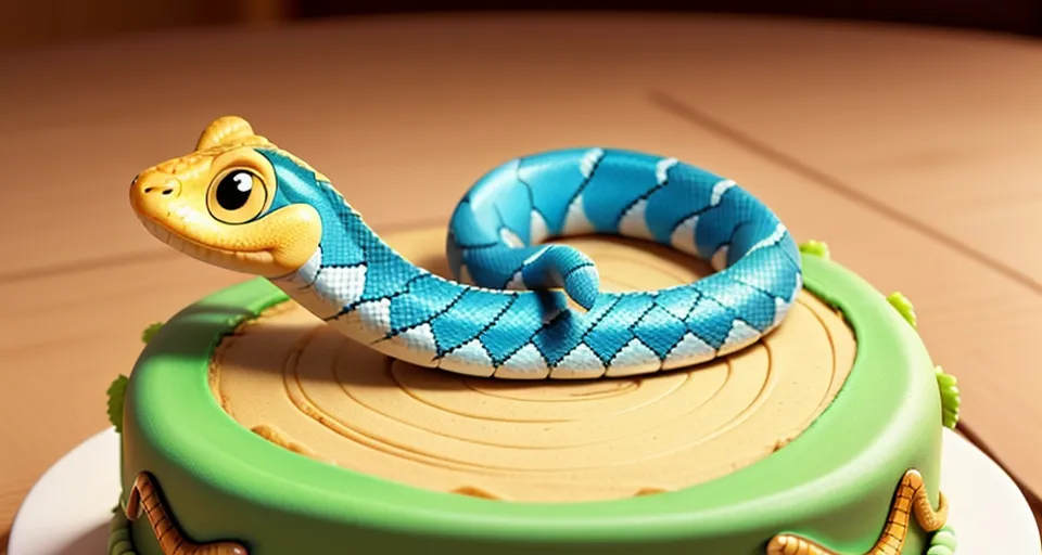 a cake with a blue and green snake on top of it