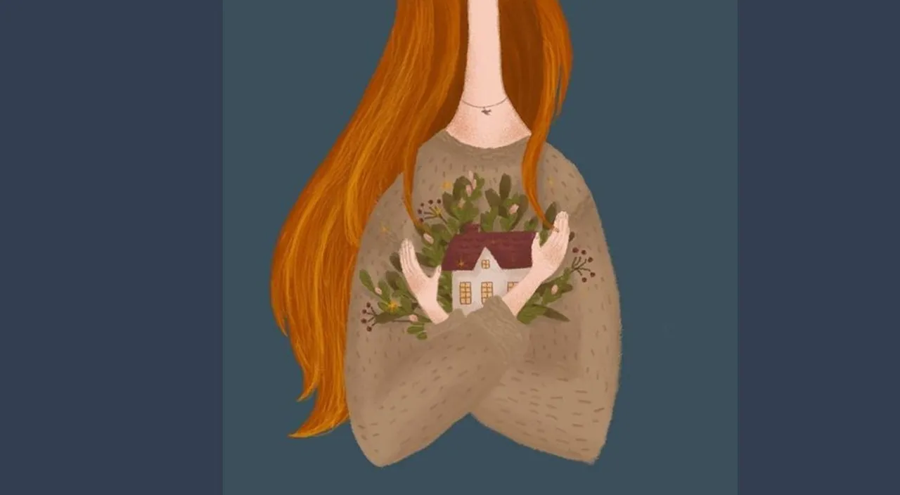 a drawing of a woman with red hair holding a house