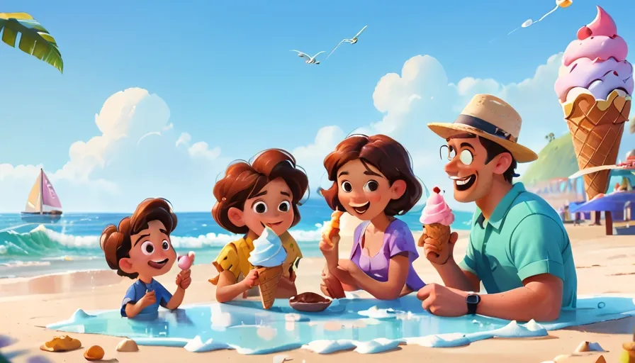 a family sitting on the beach eating ice cream