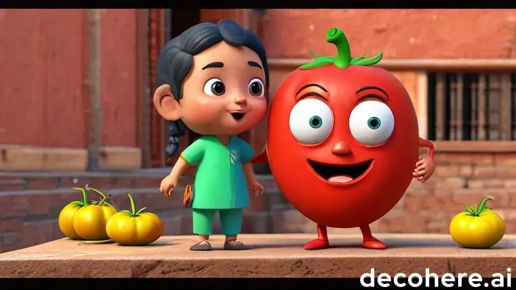 a cartoon character standing next to a tomato