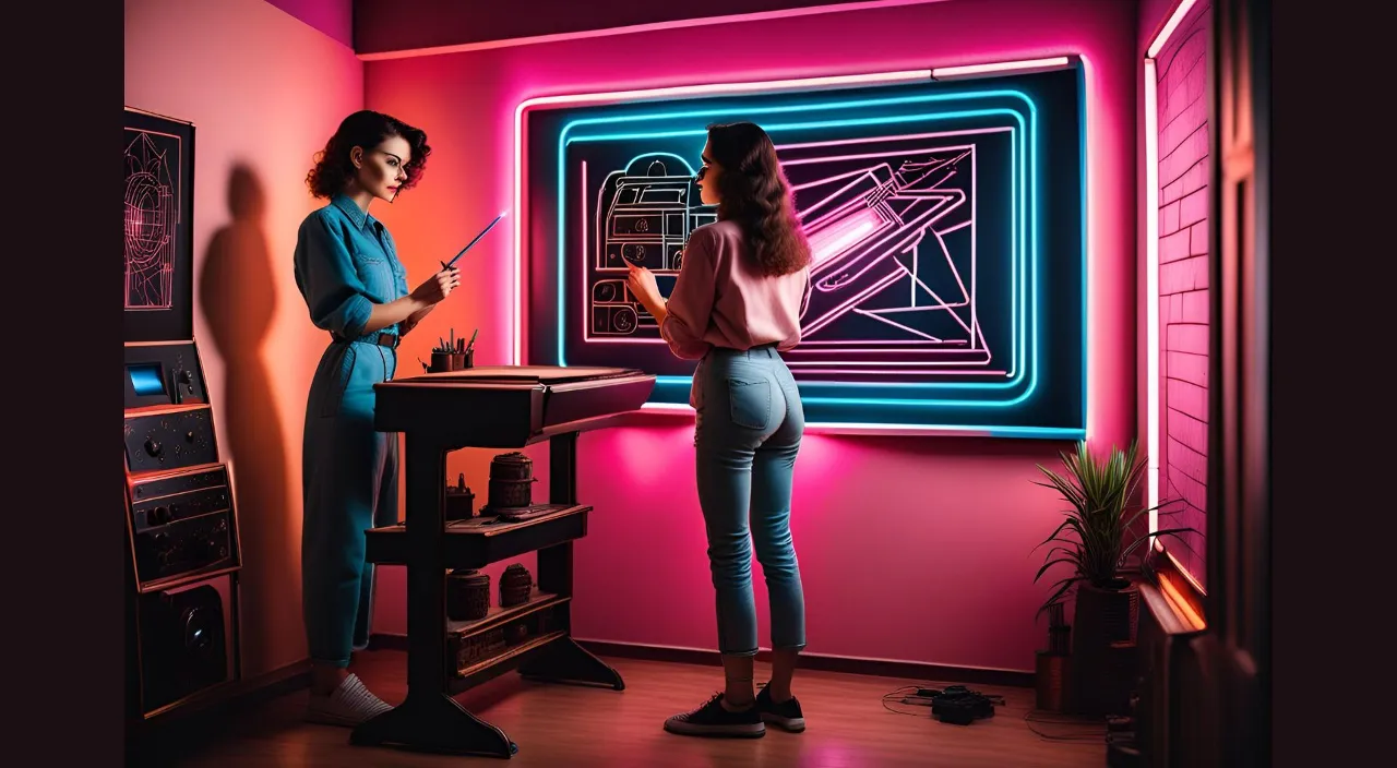 a couple of women standing in front of a neon sign